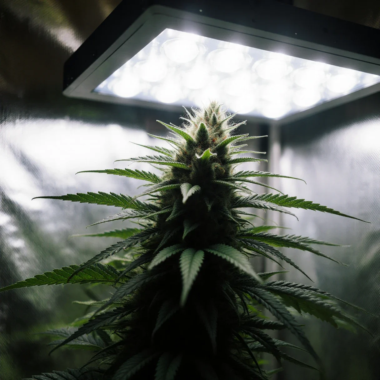 The top of a tall cannabis plant crowded up against the LED panel above it with almost no gap left