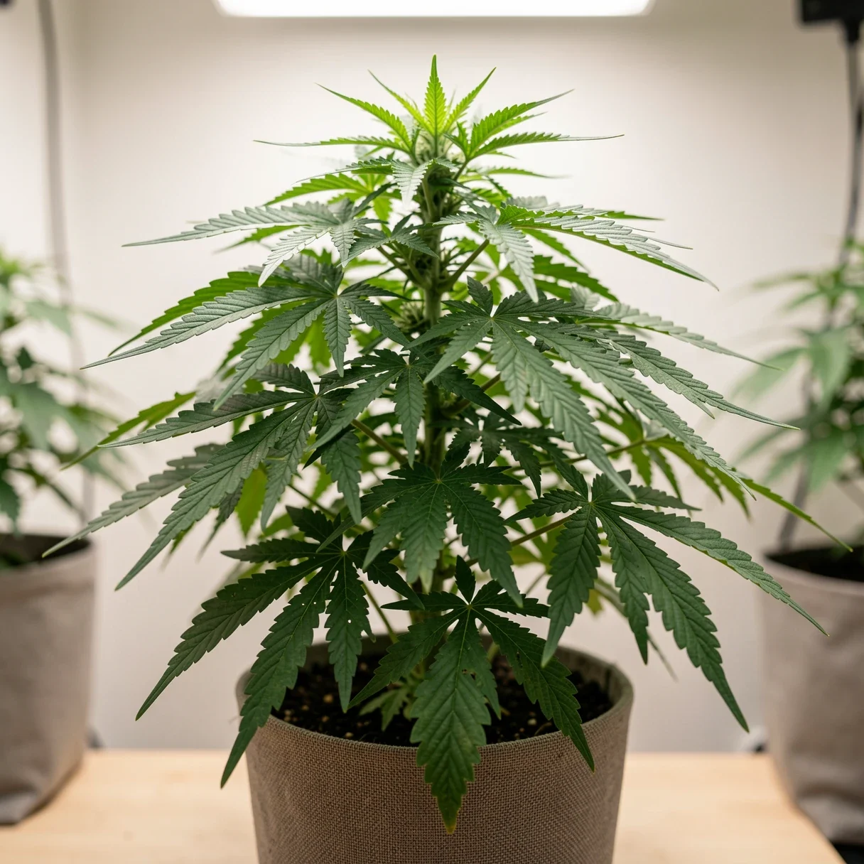 A healthy dark-green cannabis plant with no nutrient deficiencies under grow lights