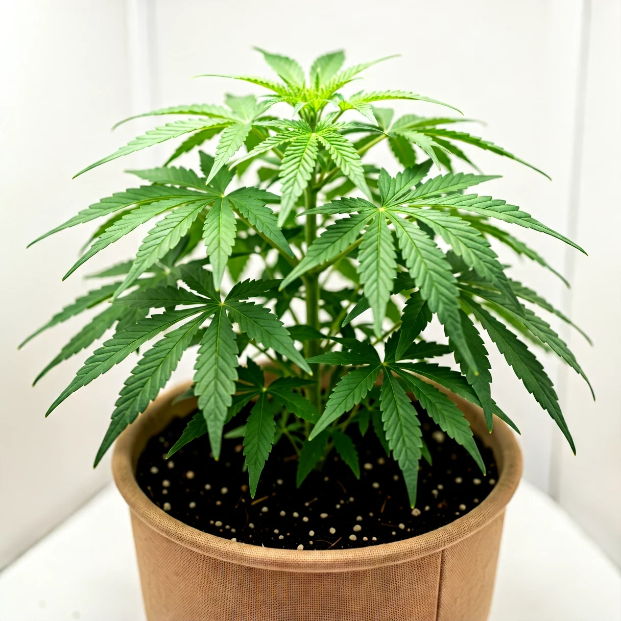 A healthy, vigorous green cannabis plant thriving in a fabric pot at an ideal root zone temperature