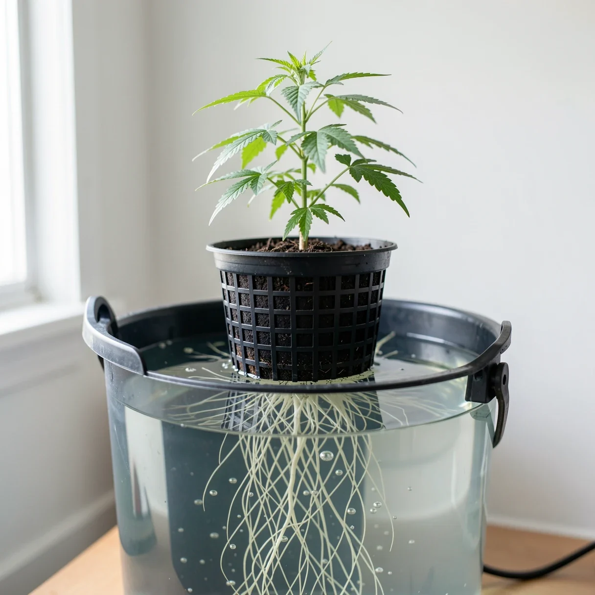 Bright white healthy cannabis roots suspended in the clear solution of a deep water culture bucket