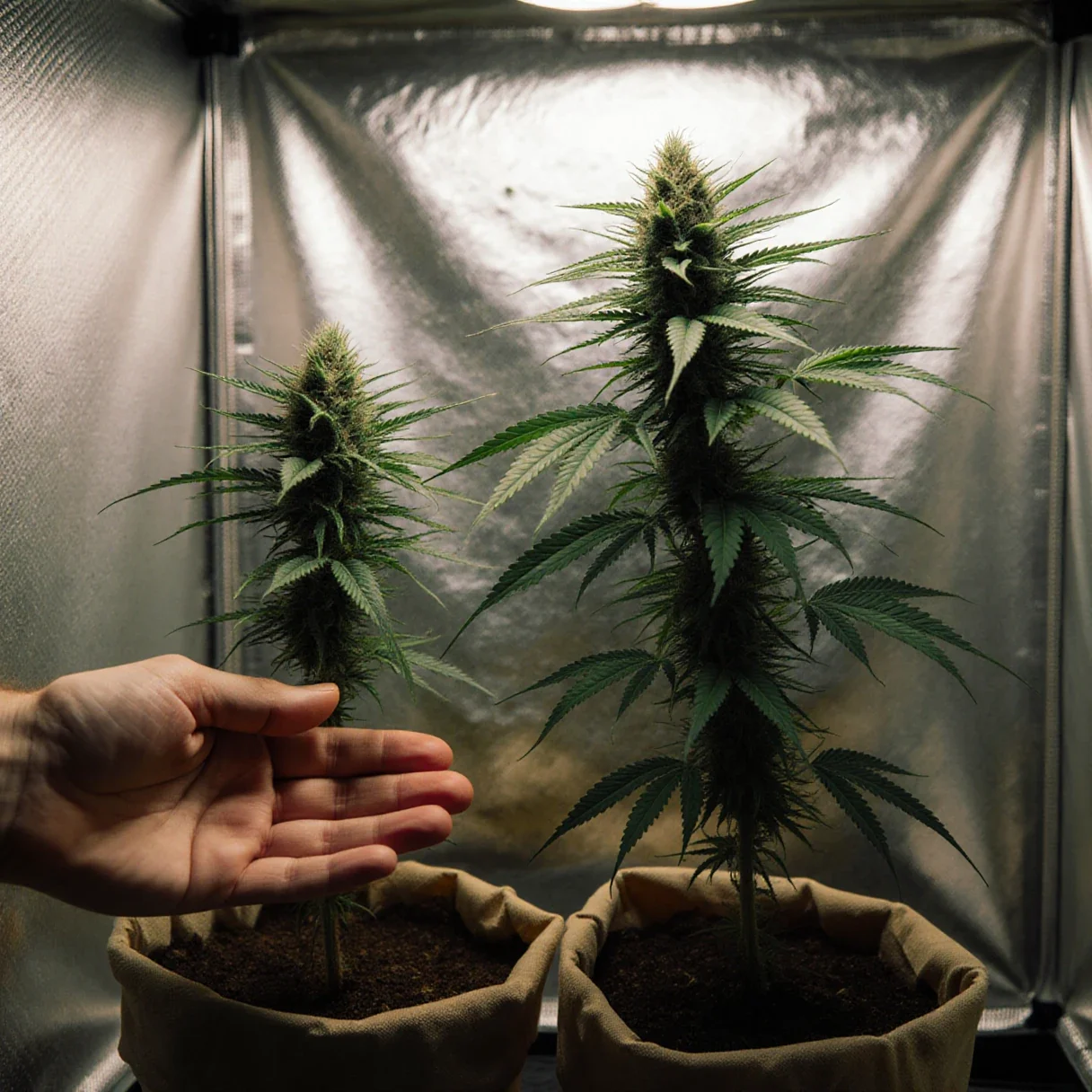 Two cannabis plants of clearly different heights growing side by side in a home grow tent