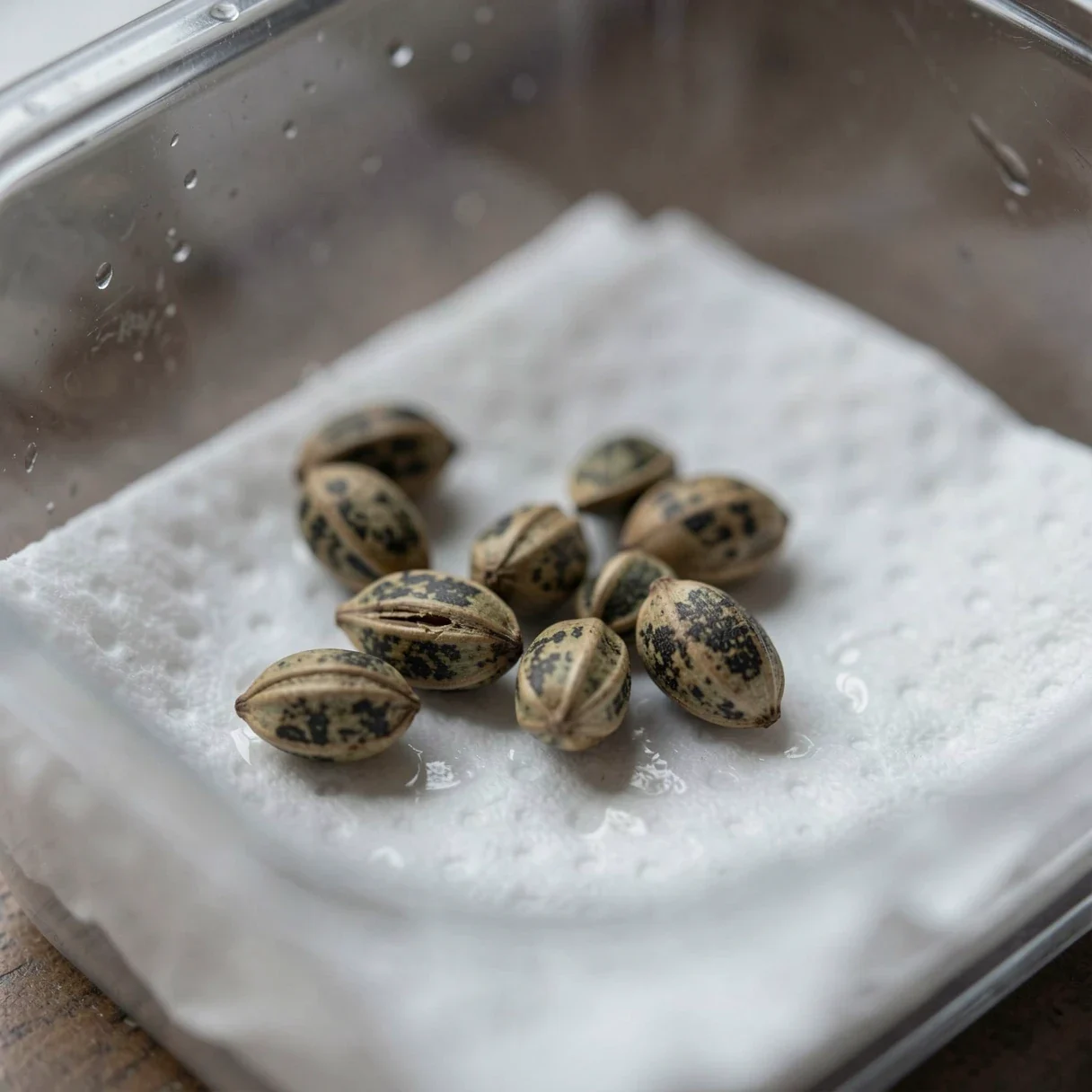 Cannabis seeds not germinating — ungerminated seeds on a damp paper towel