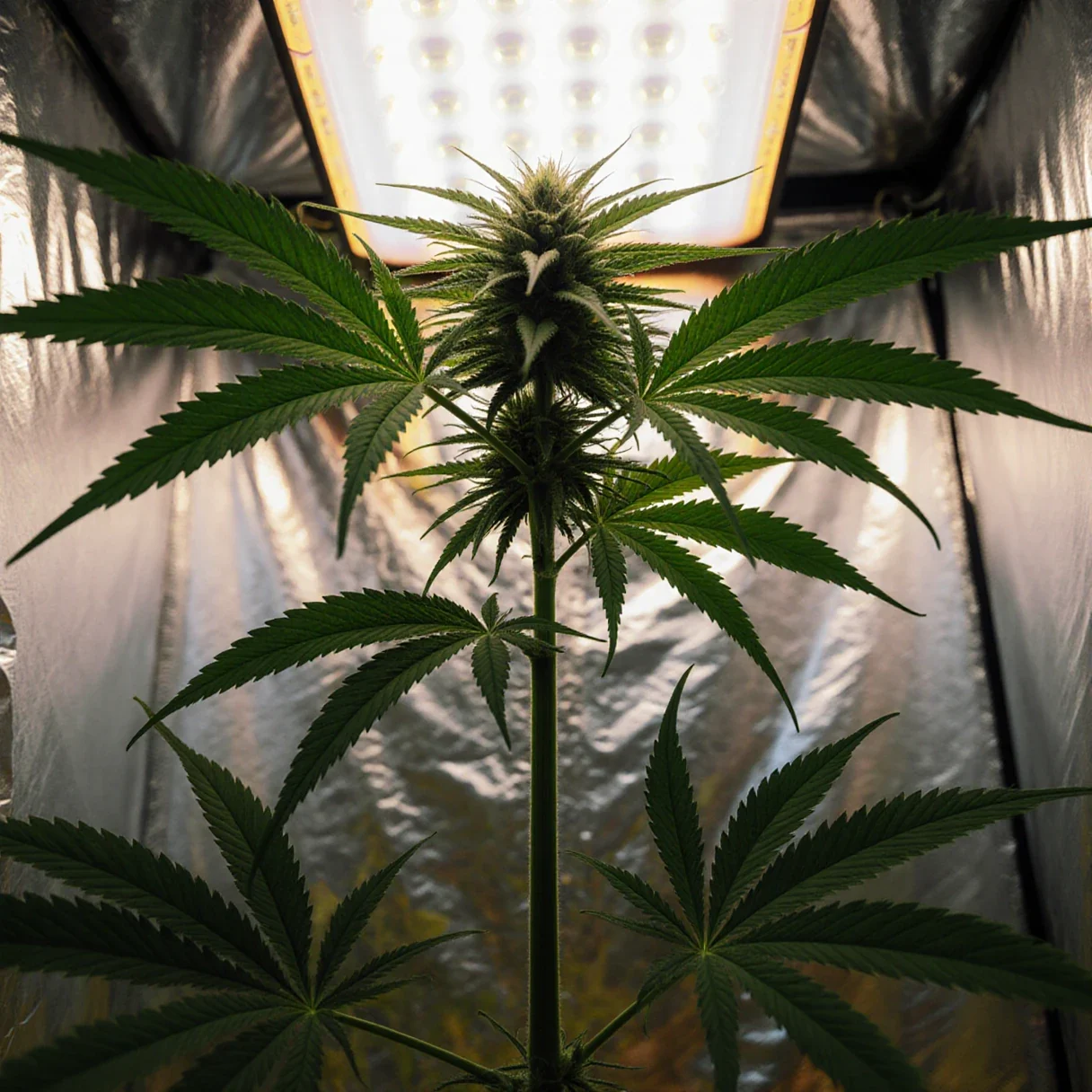 Cannabis flowering stretch — a tall photoperiod plant with elongated internodes early in bloom under a grow light