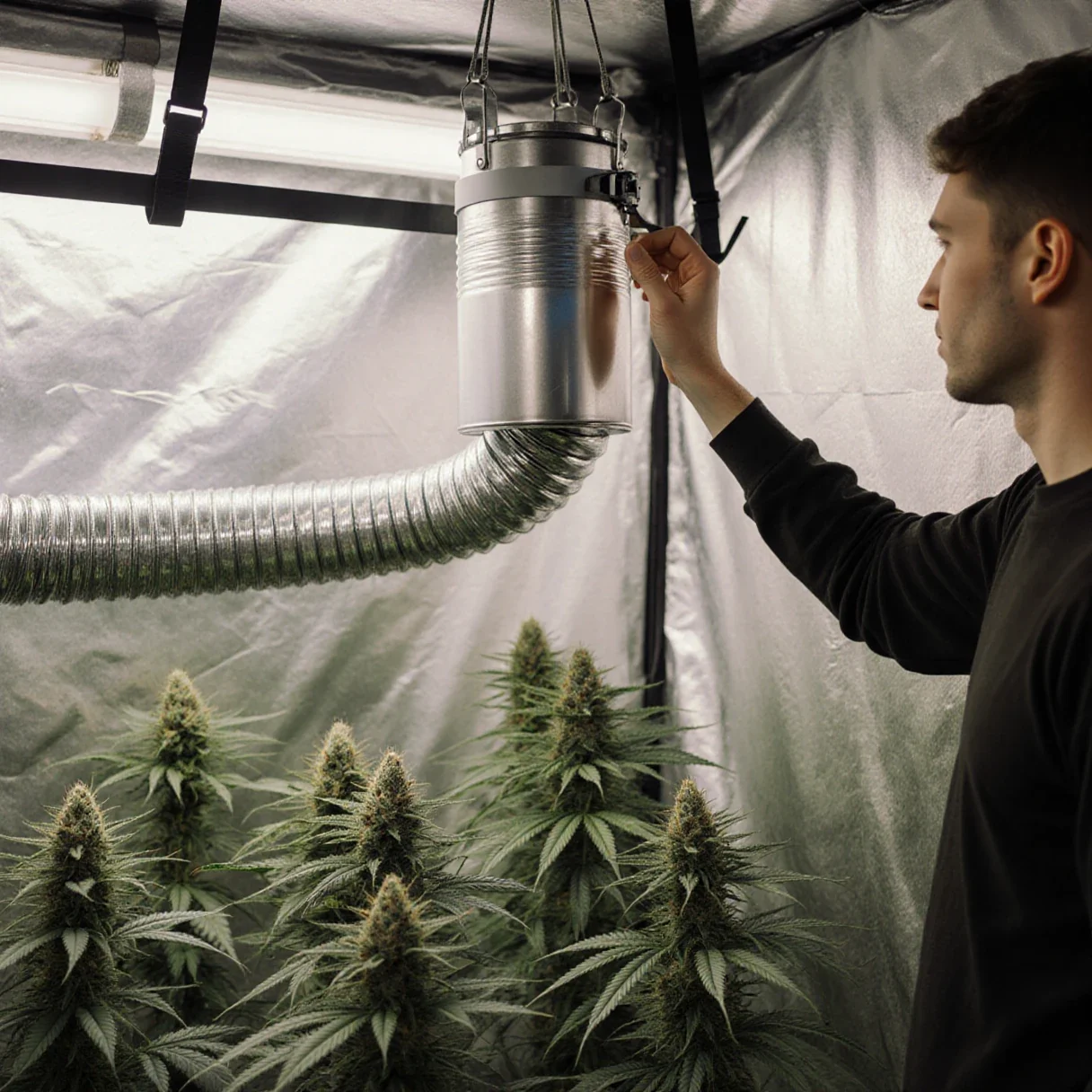 Cannabis grow smell control — a grower adjusting ducting on an inline fan and filter hung inside a grow tent