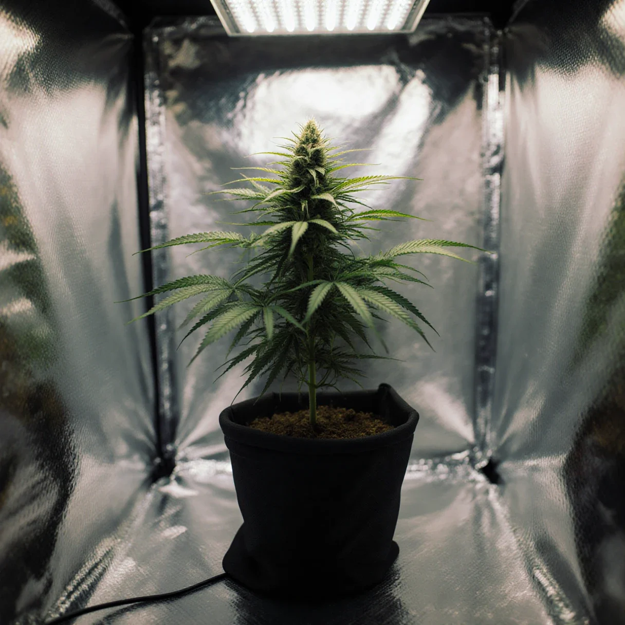 Autoflower plant height — a compact autoflowering cannabis plant in a fabric pot under a grow light