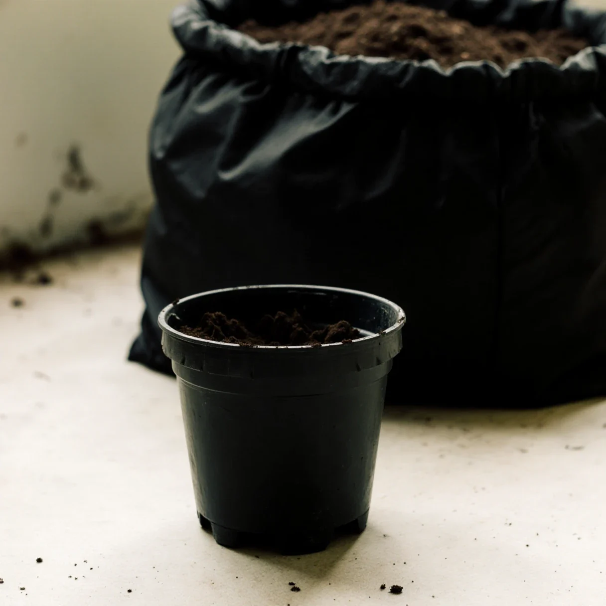 Cannabis pot size compared — a small nursery pot beside a much larger container on a grow room floor