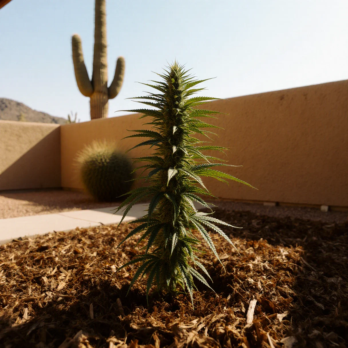 Growing cannabis in heat — a tall cannabis plant in a mulched desert garden bed under strong afternoon sun