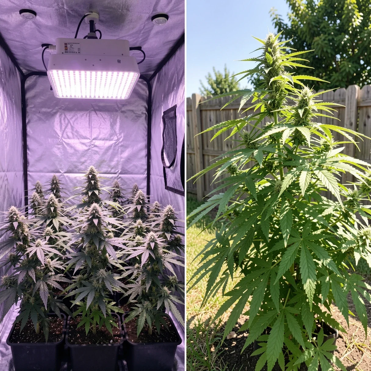 Indoor vs outdoor cannabis growing — a grow tent setup beside a sunny backyard garden plot