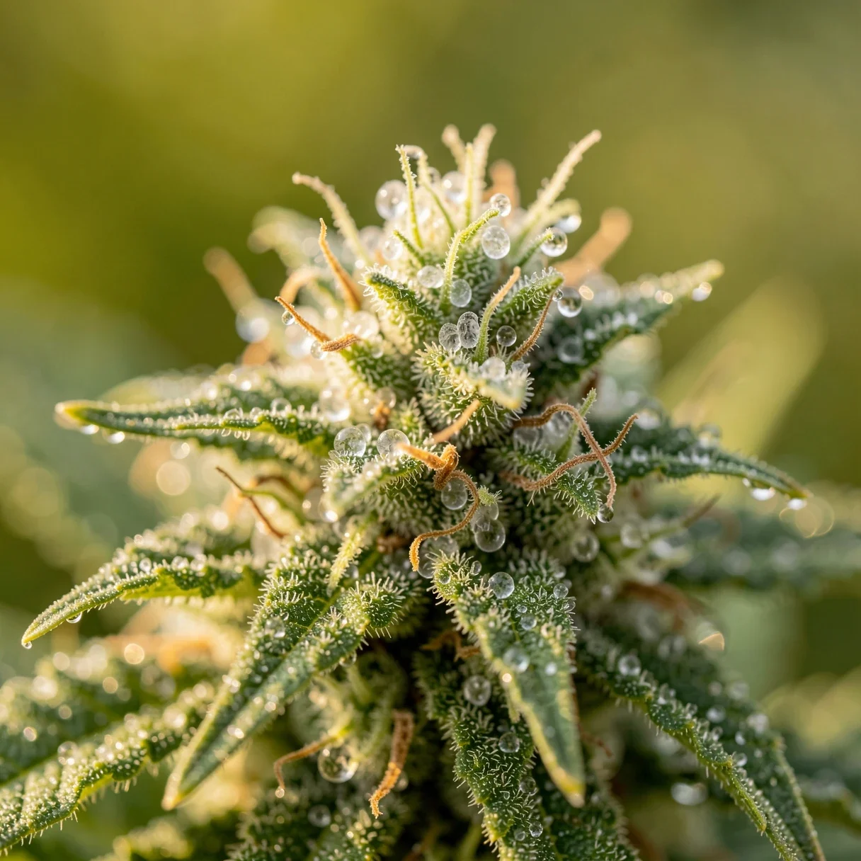 Cannabis terpenes — extreme macro of a frosted bud where the aromatic oils are produced