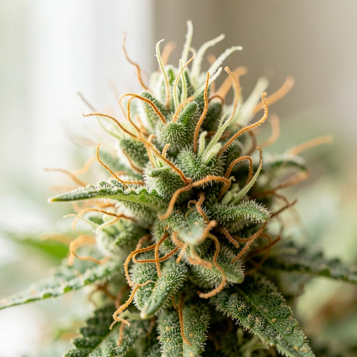 CBD cannabis seeds — a ripe high-CBD bud with light trichome coverage and orange pistils
