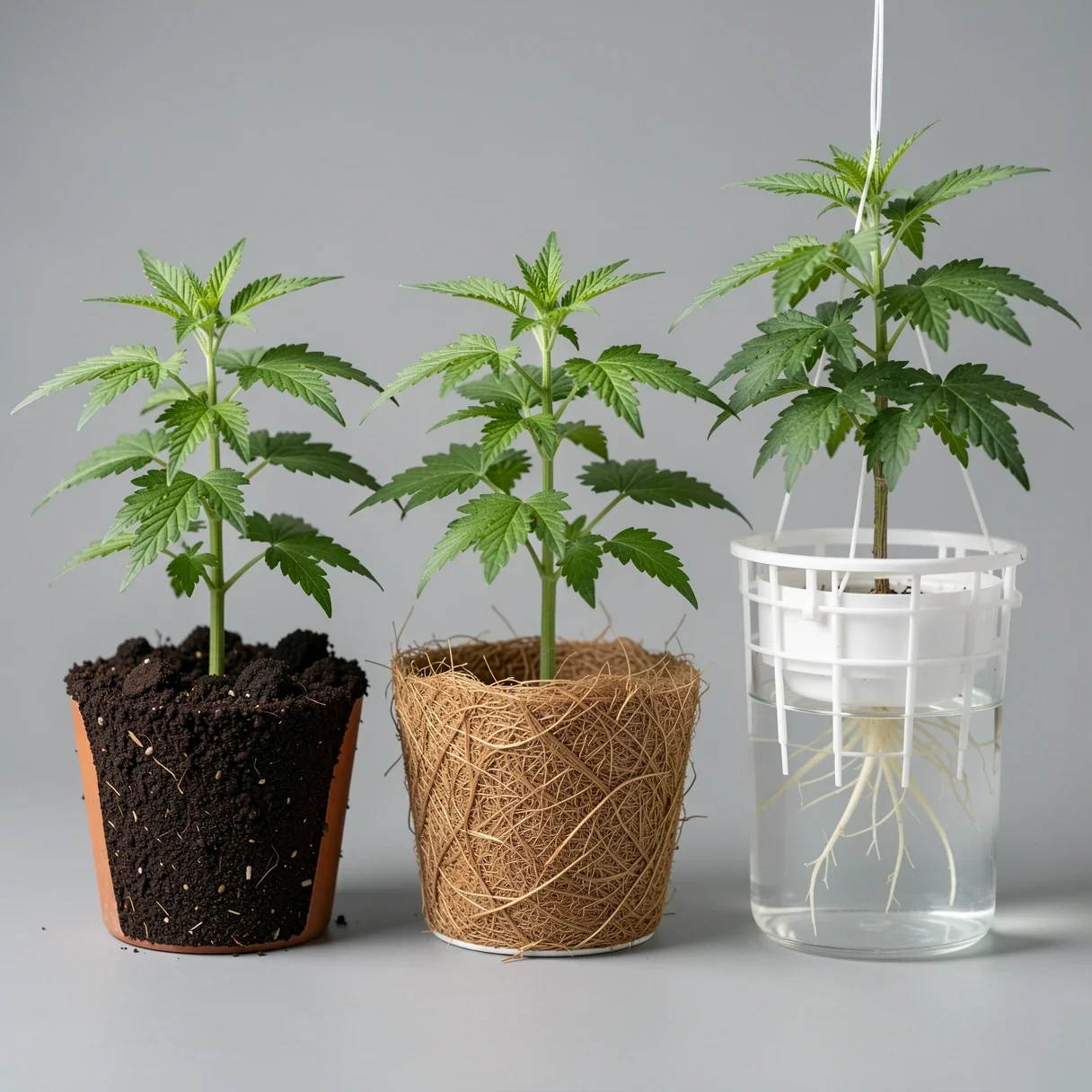 Soil vs coco vs hydro for cannabis — three young plants in soil, coco coir, and a hydro net pot