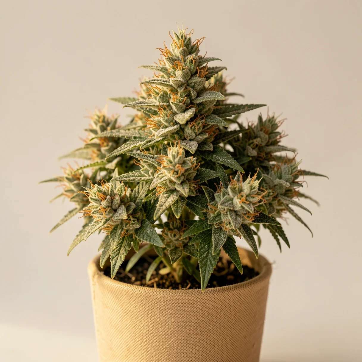 Fast flowering cannabis — a compact autoflower plant with dense ripe buds ready for an early harvest