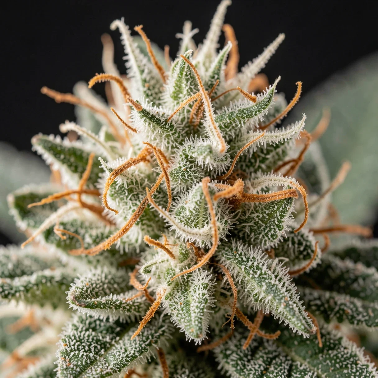 Macro close-up of frosty trichome-covered cannabis buds from a high-THC strain