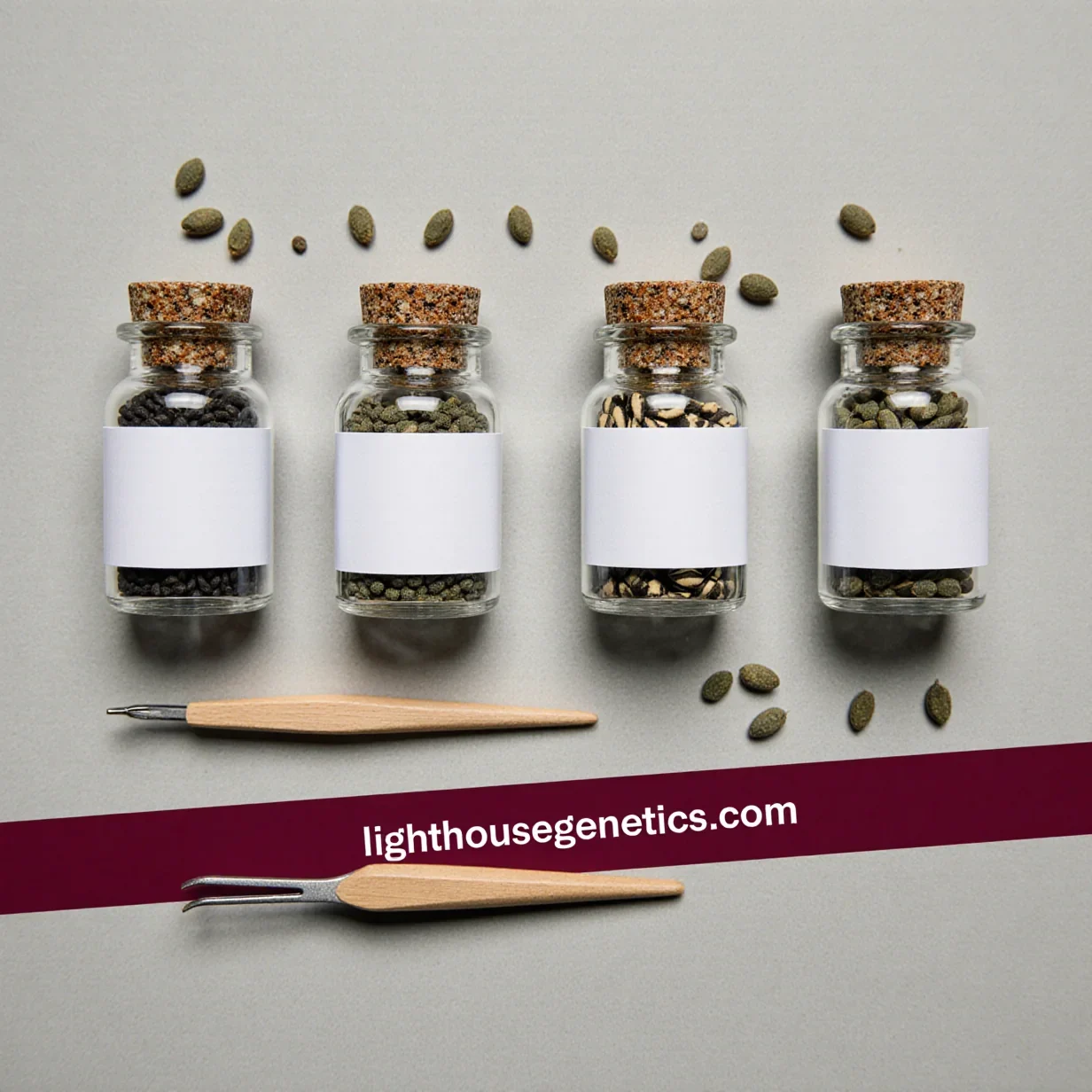How to choose cannabis seeds — four vials of different cannabis seed varieties on a neutral surface