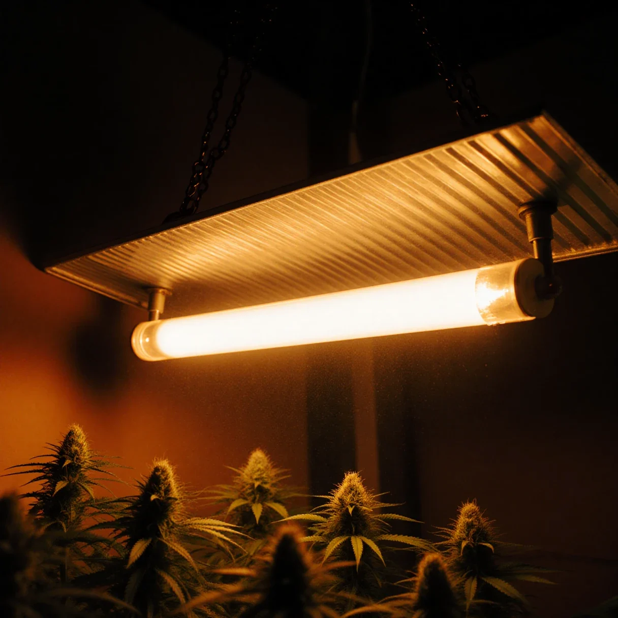 A high pressure sodium lamp in an aluminium wing reflector glowing warm orange above cannabis plants in flower