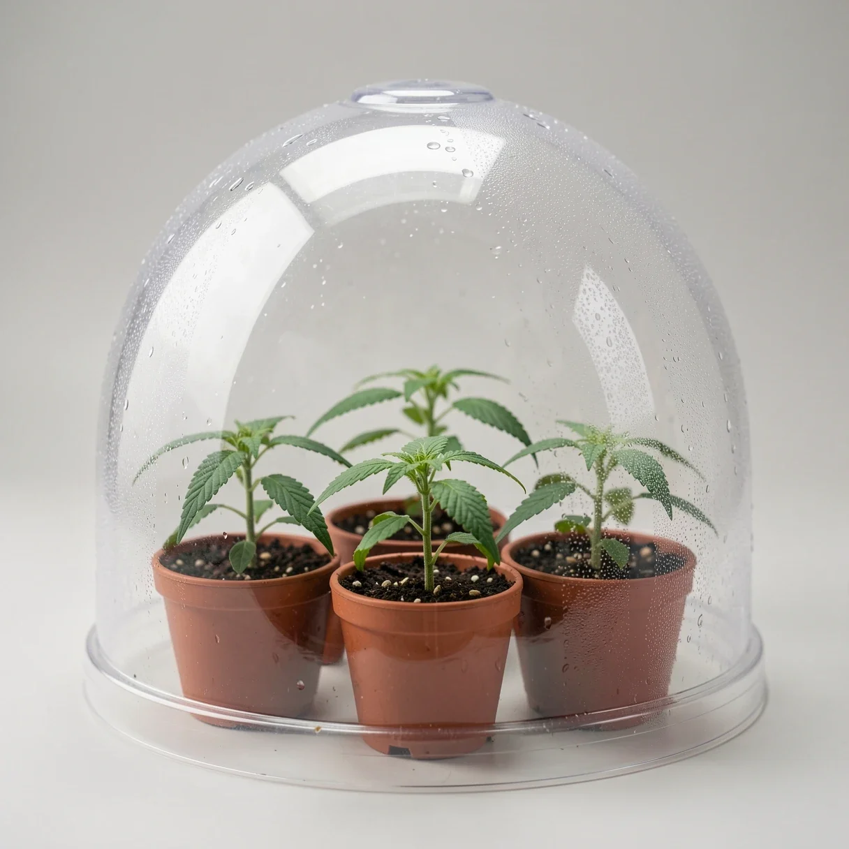Cannabis seedlings under a clear plastic humidity dome with condensation inside