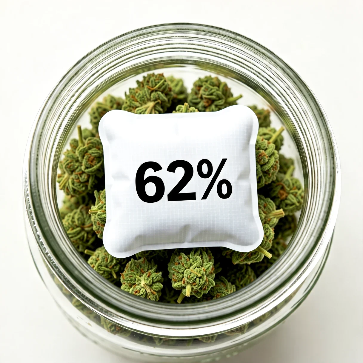 A 62% two-way humidity control pack resting on top of cured cannabis buds in an open glass jar