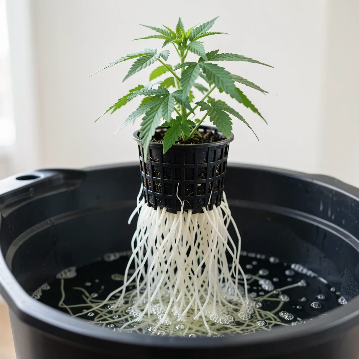 Cannabis plant in a deep water culture hydroponic net pot with white roots in nutrient solution