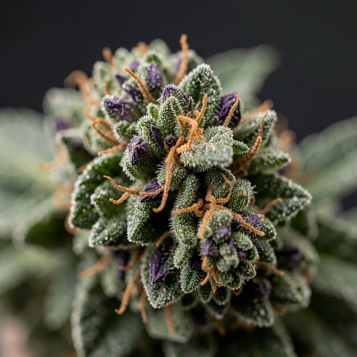 A short-flowering indica-dominant cannabis plant with dense resinous buds nearing harvest