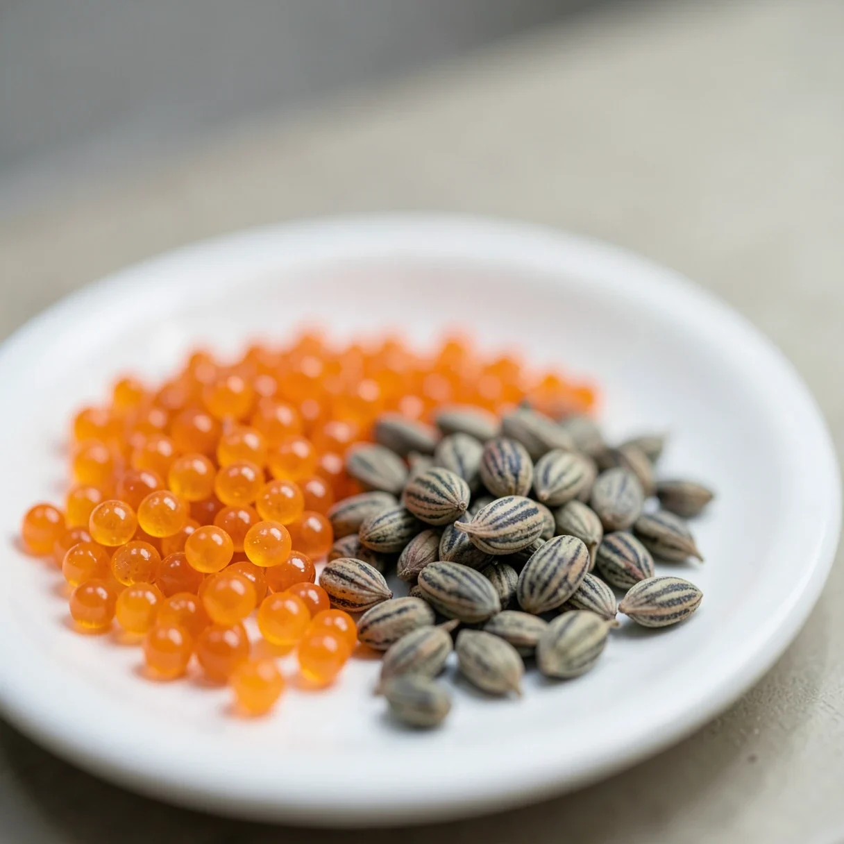 Orange indicating silica gel beads beside cannabis seeds, the color that shows the gel is still dry