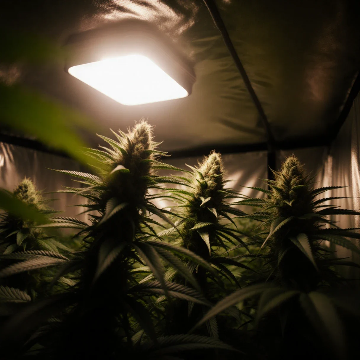 High yield cannabis strains filling an indoor grow tent canopy in late flower under a lamp