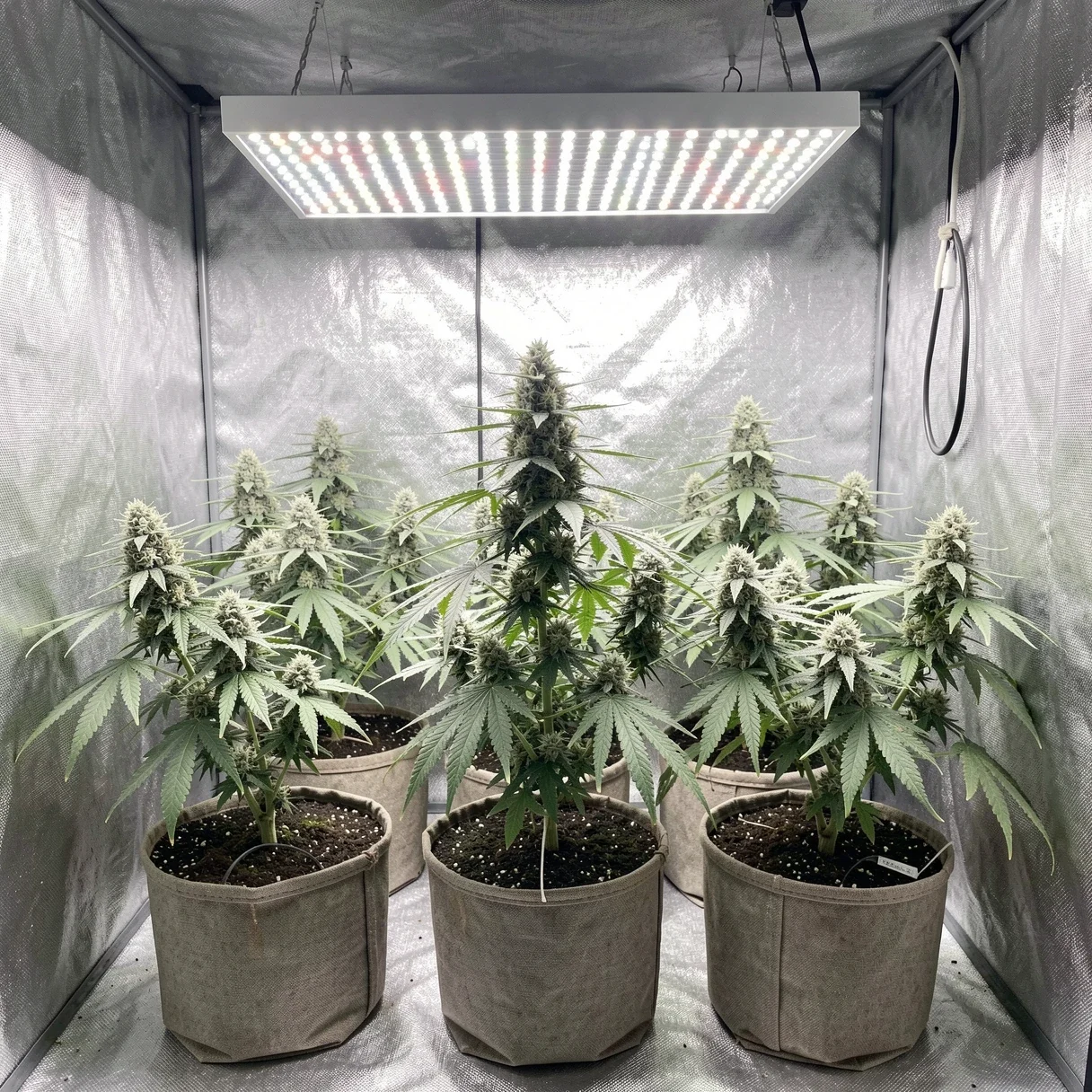 Cannabis plants flowering under an LED grow light inside a grow tent