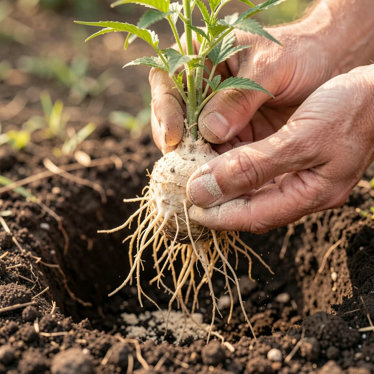 A grower dusting mycorrhizae inoculant onto the exposed roots of a young cannabis transplant before planting