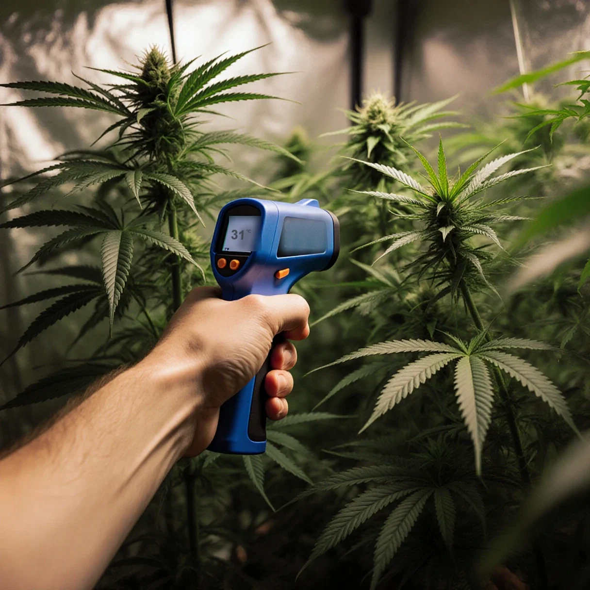 An infrared thermometer being pointed at a cannabis canopy to measure leaf temperature and check for cannabis heat stress