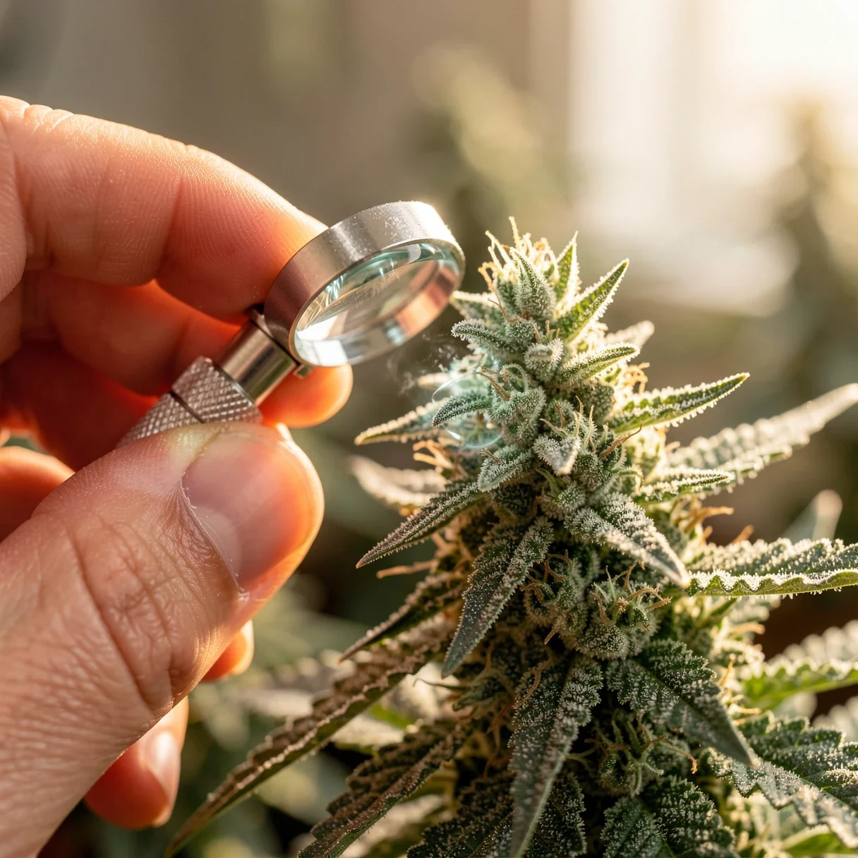 Breeder inspecting cannabis trichomes with a loupe to select a keeper phenotype
