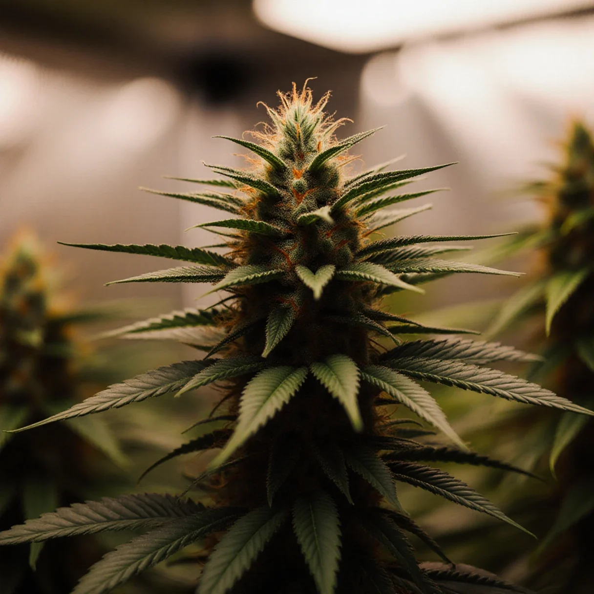 A cannabis plant in late flowering stage inside a grow tent, photographed close up at an angle