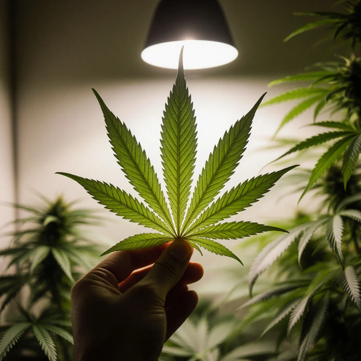 Close-up of a grower's hand holding a healthy cannabis fan leaf up to the light