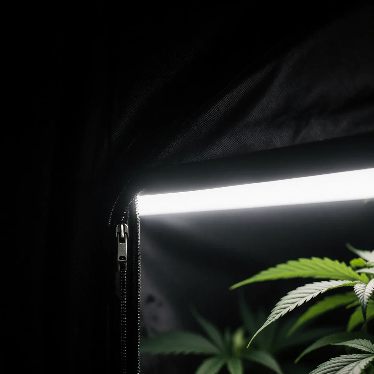 A thin line of light leaking through a gap in a dark grow tent zipper during the dark period