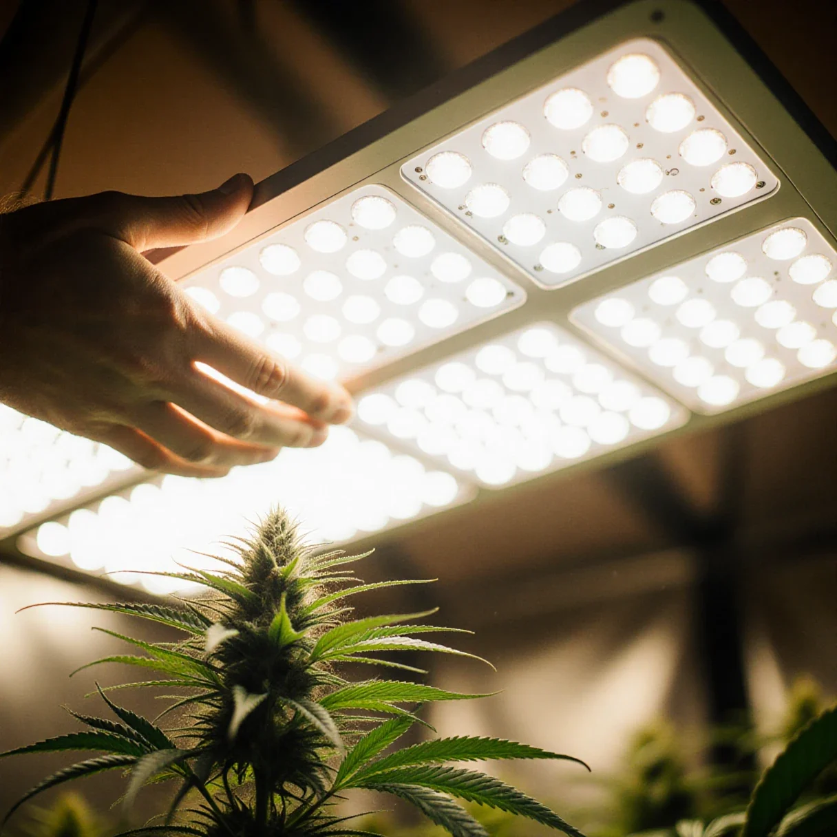 Close-up of a white LED grow panel hanging above a flowering cannabis plant inside a grow tent
