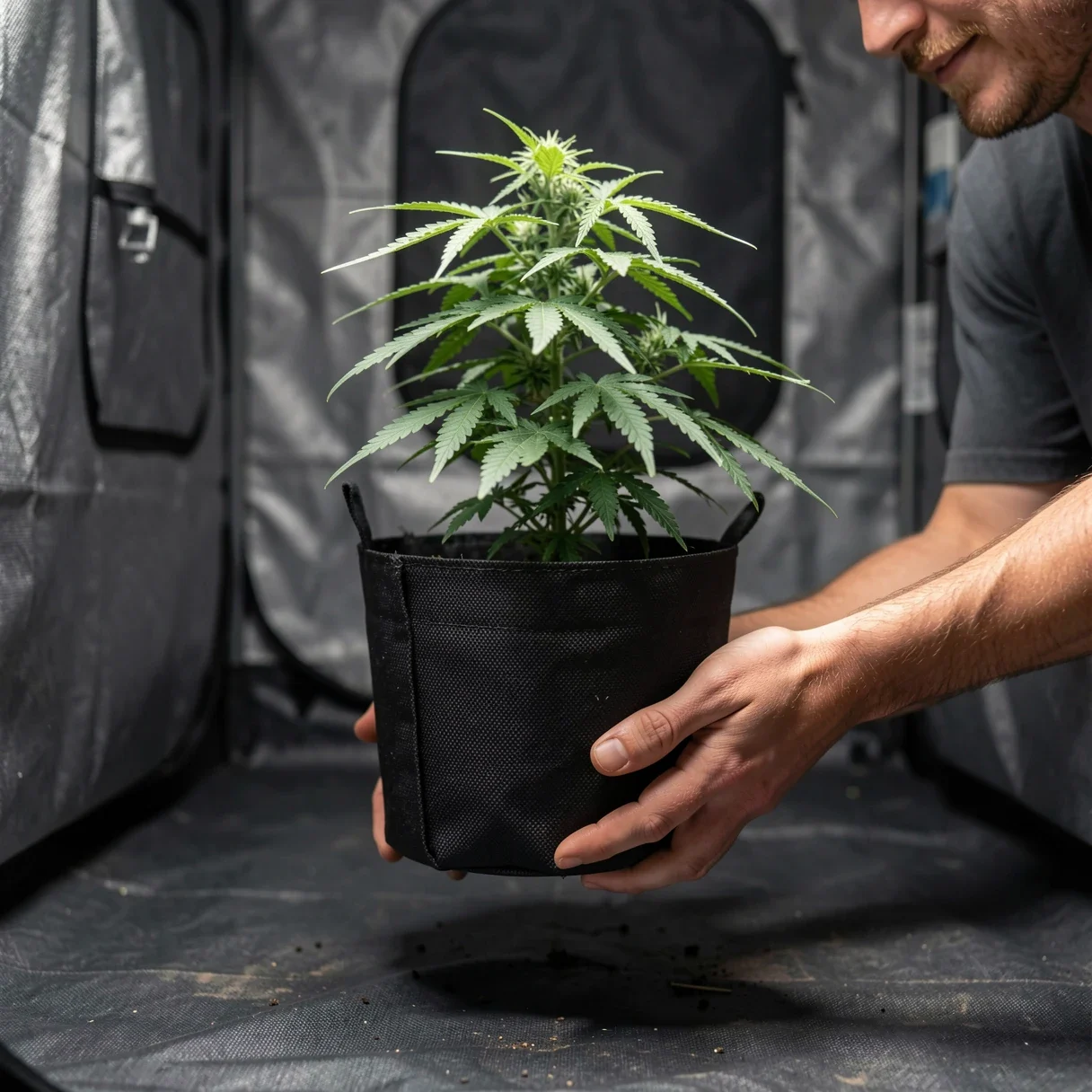 A grower lifting a fabric pot to feel its weight and judge when to water a cannabis plant