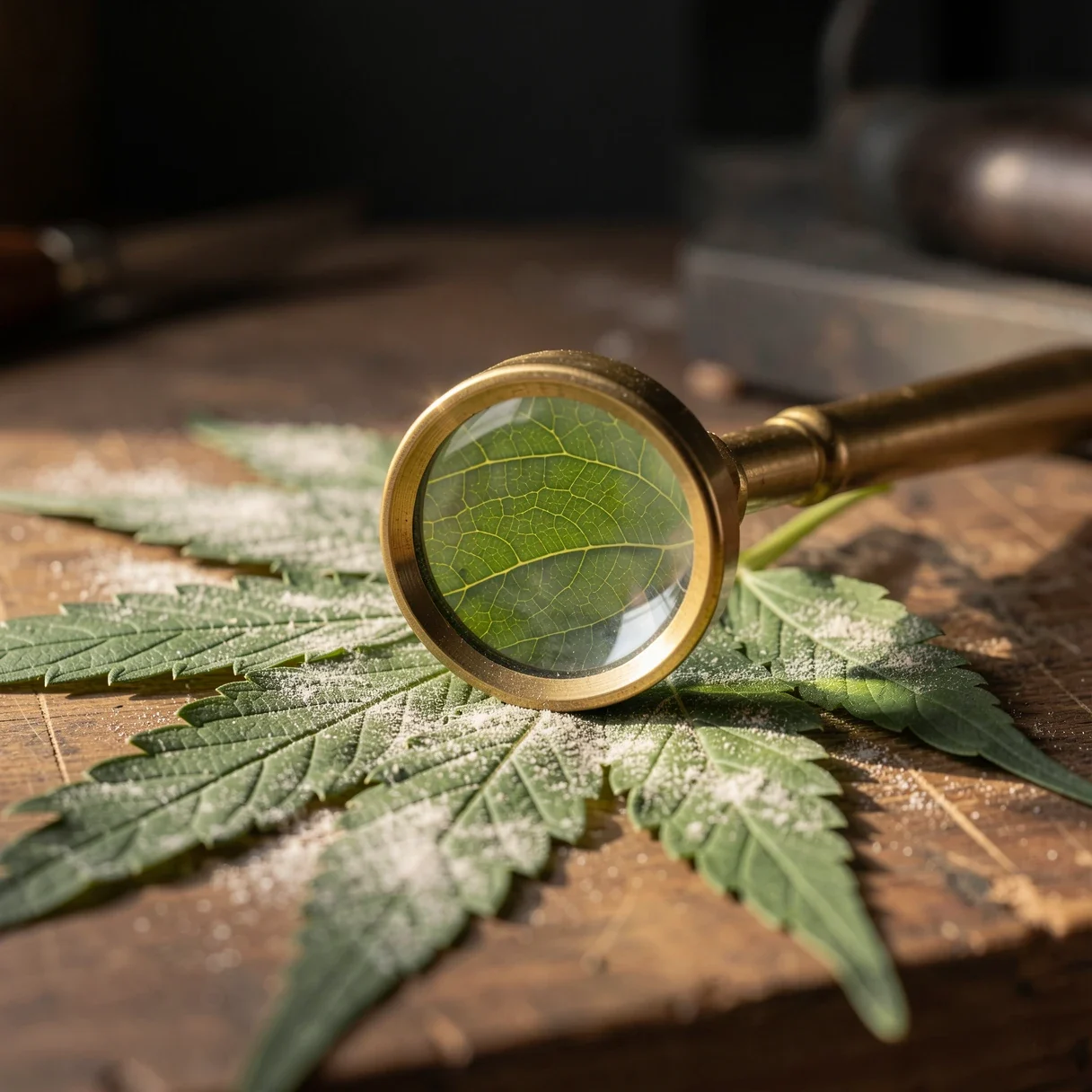Close inspection of a cannabis leaf under a jeweller's loupe checking for early powdery mildew