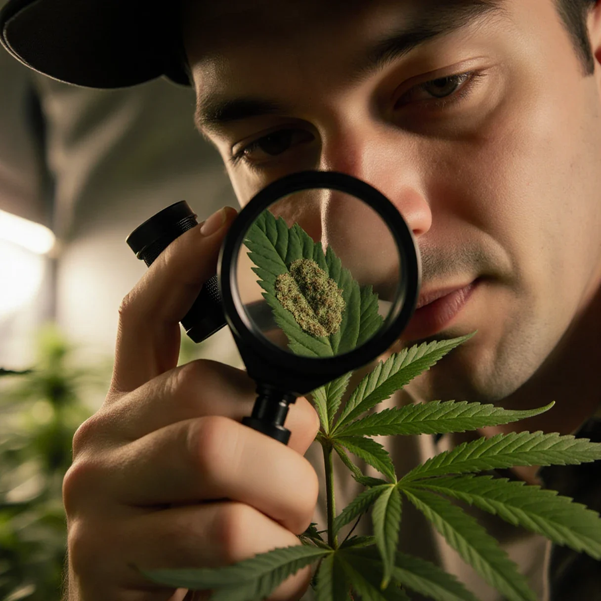 A grower inspecting a cannabis leaf with a magnifying loupe to find cannabis pests