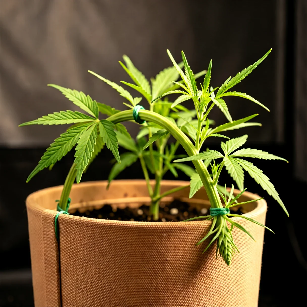 Low stress training cannabis — a young plant bent sideways and tied down to the rim of a fabric pot