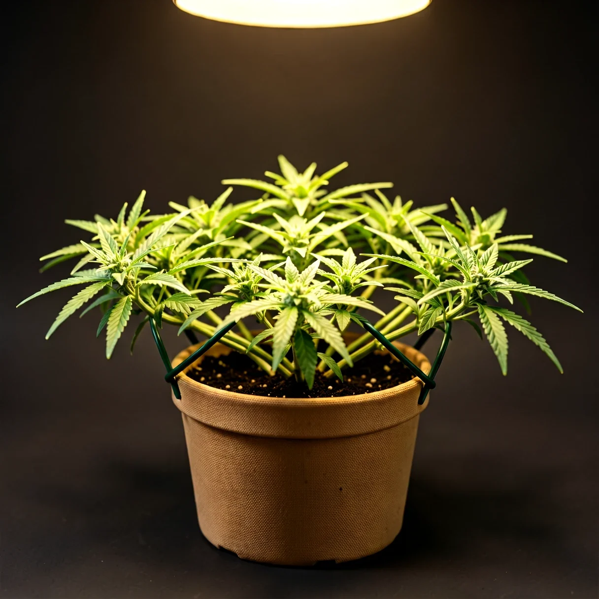 A young autoflower cannabis plant gently bent and tied low to maximize its compact canopy