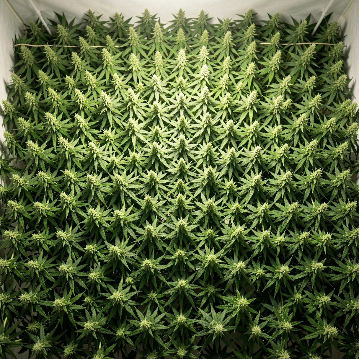A flat even cannabis canopy created by low stress training, multiple colas at the same height under a grow light