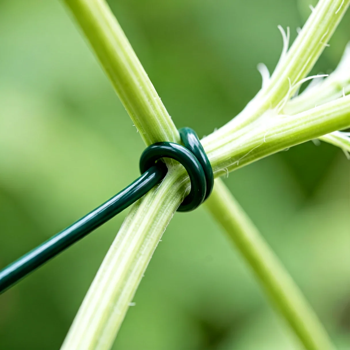 Close-up of a soft plant tie looping a bent cannabis stem during low stress training