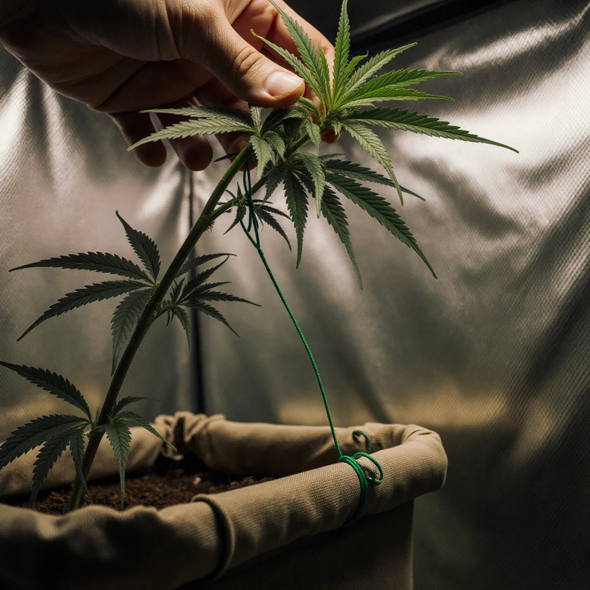 Hands tying down a cannabis branch with soft plant ties to control the cannabis flowering stretch