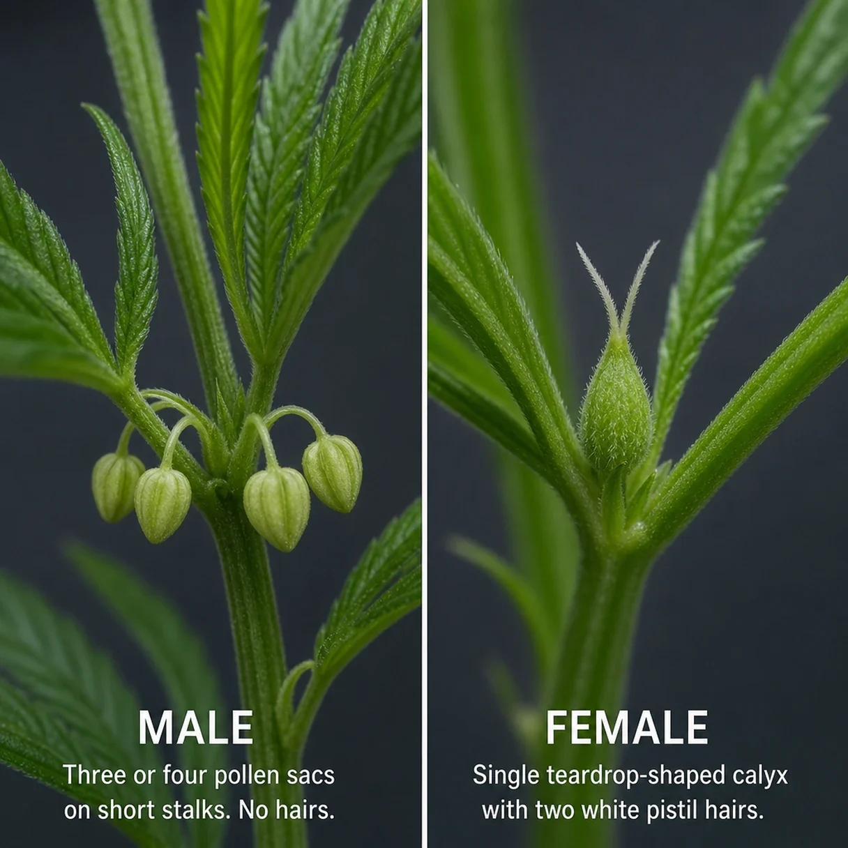 Close-up comparison of male pollen sacs and female pistils at a cannabis node