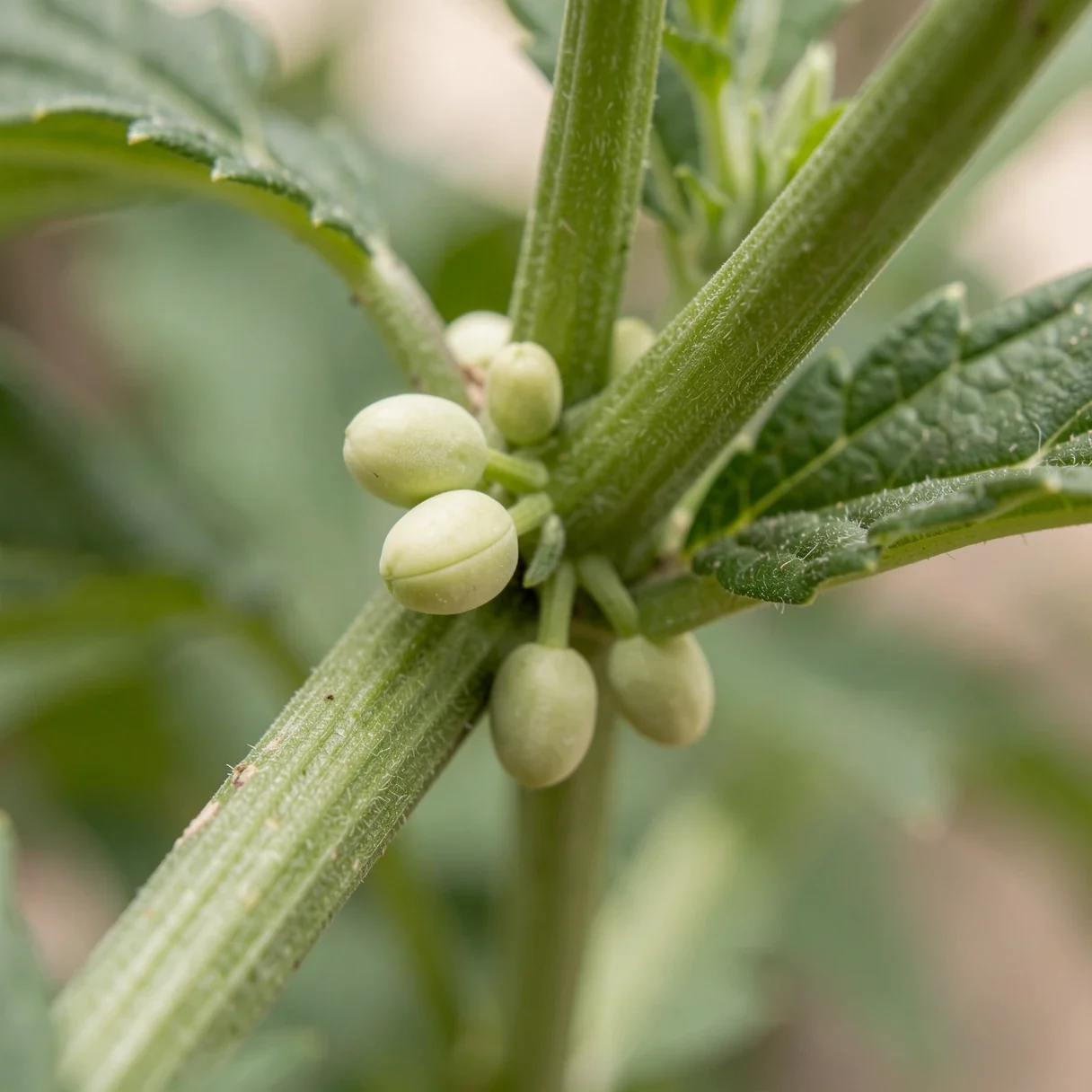 Close-up of a male cannabis plant pollen sacs forming at the node