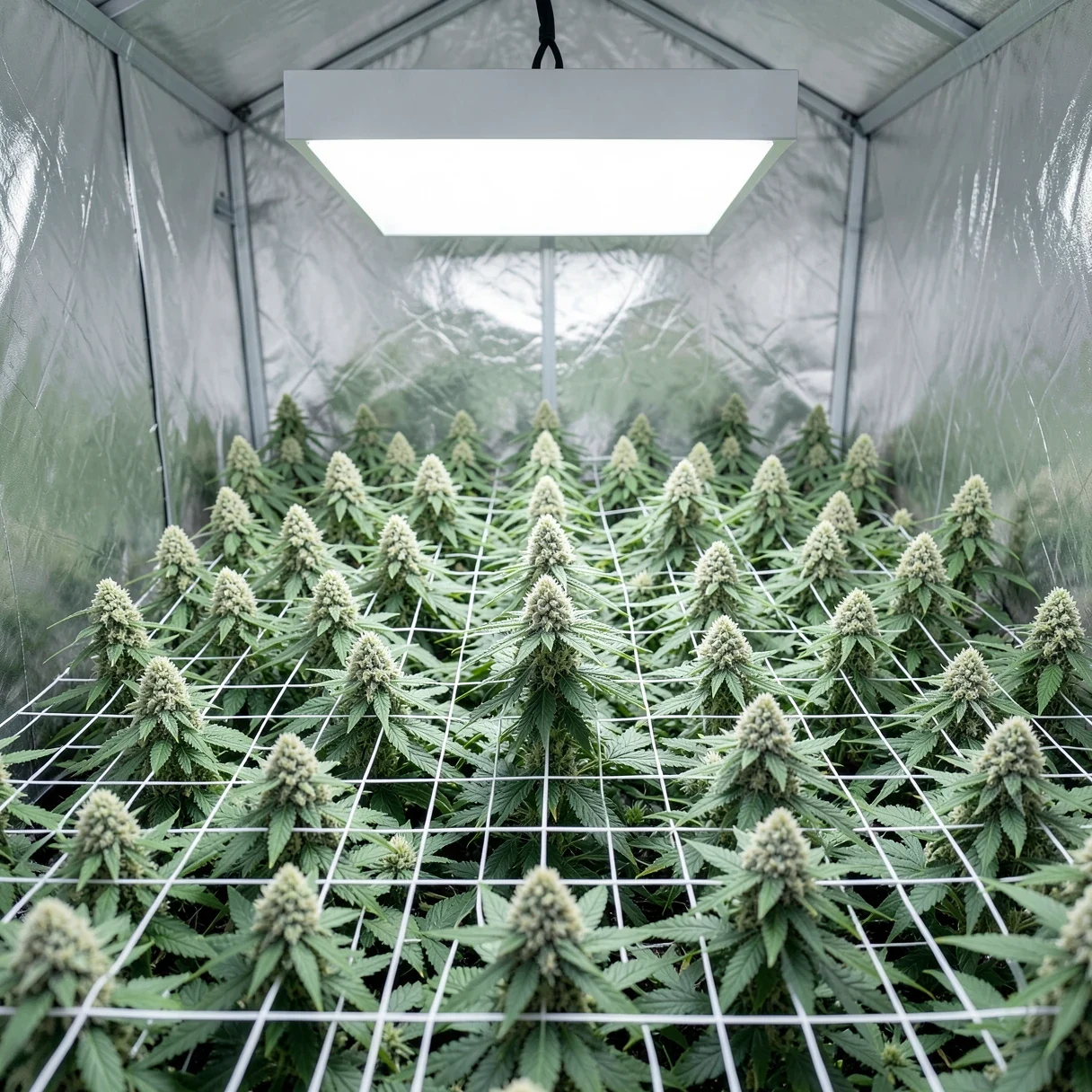 An even, flat cannabis canopy spread under a trellis net in a grow tent, every bud site at the same height