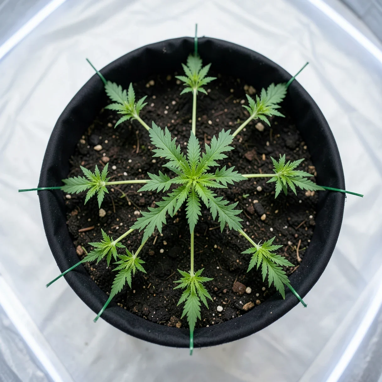 A young cannabis plant in veg trained flat, its branches spread evenly across the pot like the spokes of a wheel
