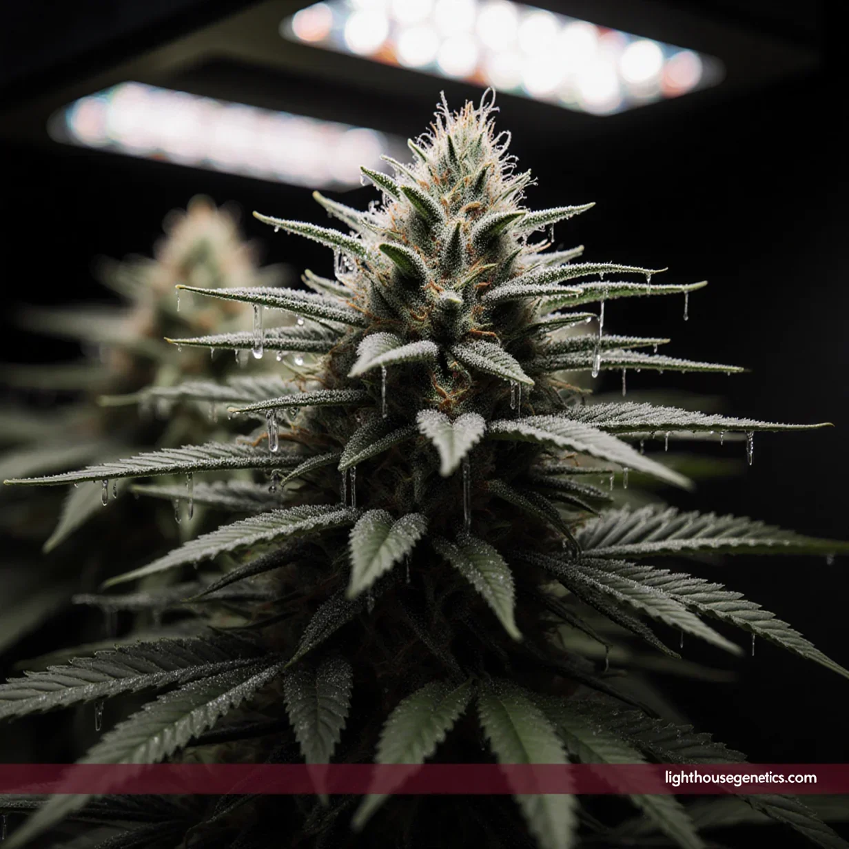 Maximizing yield in cannabis — dense flowering cannabis canopy with trichome-covered colas under LED grow light