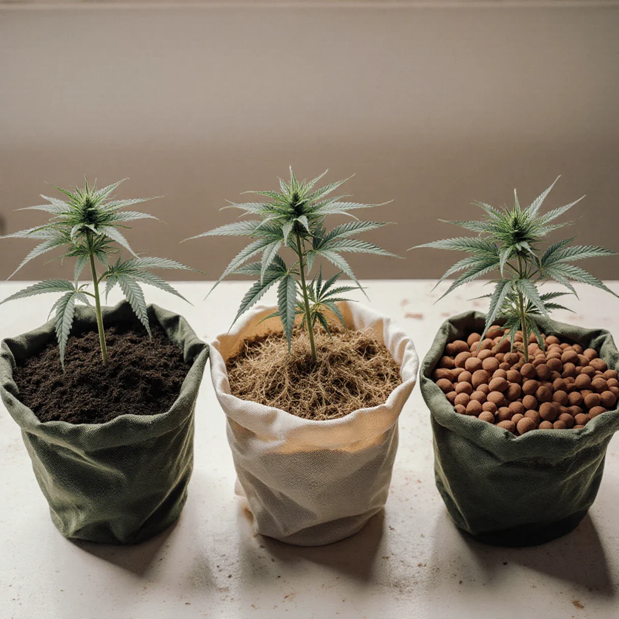 Three pots of cannabis side by side in soil, coco coir and clay pebbles