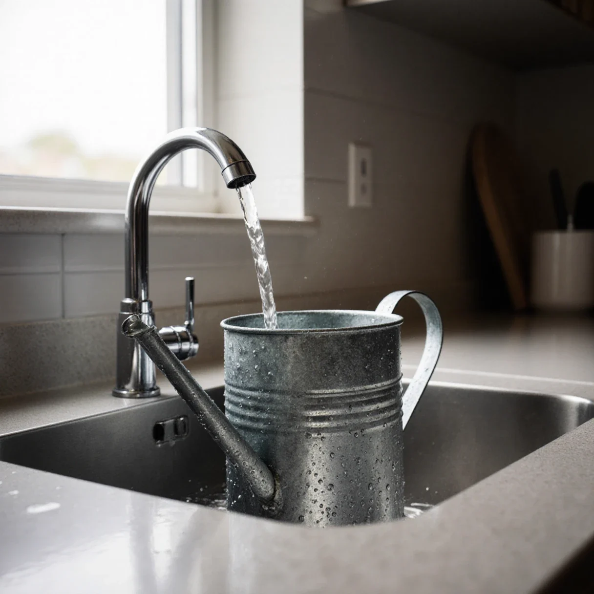 A watering can being filled with water from a kitchen tap