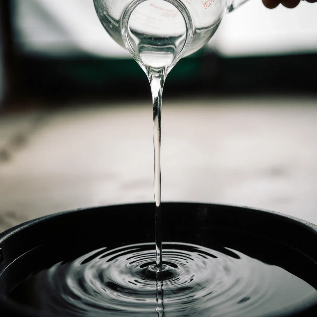 A grower pouring a clear liquid supplement from a plain measuring jug into a large container of water