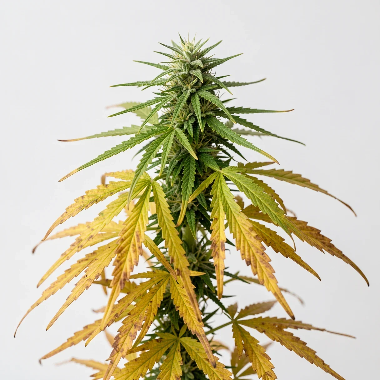Diagram of cannabis nutrient deficiencies showing mobile nutrient symptoms on lower leaves and immobile on upper growth